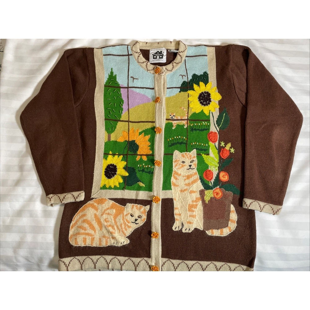 Storybook Knits Fall Sweater Cats And Sunflowers Women's Medium Embroidered